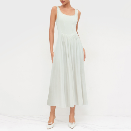 Fashionable waist-back tie white dress