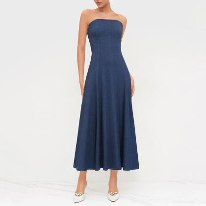 Sleeveless backless long denim dress