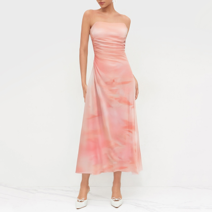 Sleeveless Pleated Elegant Silk-Printed Tulle Dress