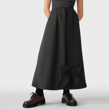 Black bow high waist loose long skirt