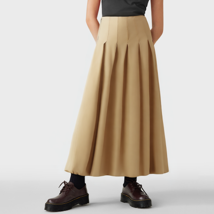 Two-tone retro mid-waist pleated casual skirt