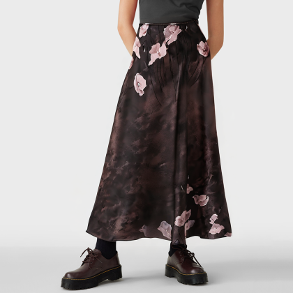 Printed elastic waist A-line casual skirt