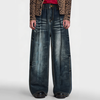 Curved knife-washed printed loose straight-leg jeans