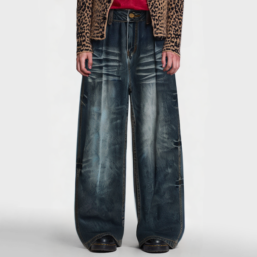 Curved knife-washed printed loose straight-leg jeans