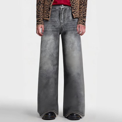 Straight-leg loose-fitting colorful check print jeans