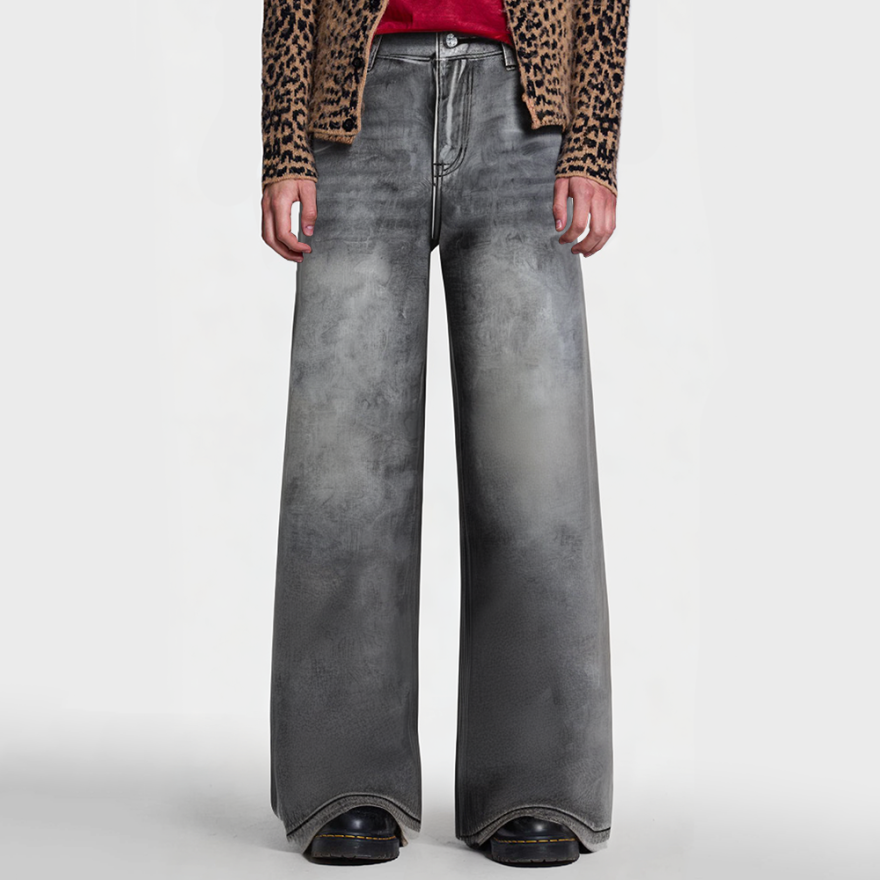 Straight-leg loose-fitting colorful check print jeans
