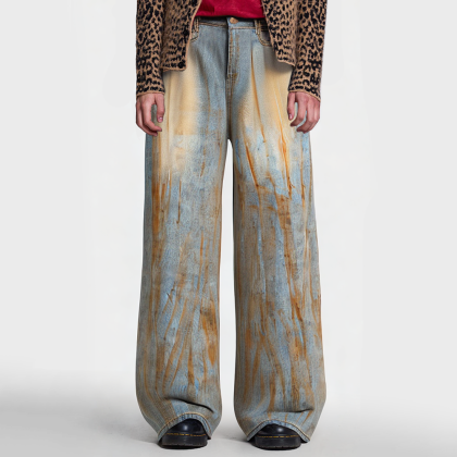 Vintage acid wash men's loose straight jeans
