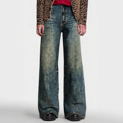 Street retro men's printed straight jeans