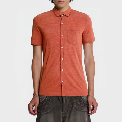 Breathable Men's Orange Button T-Shirt