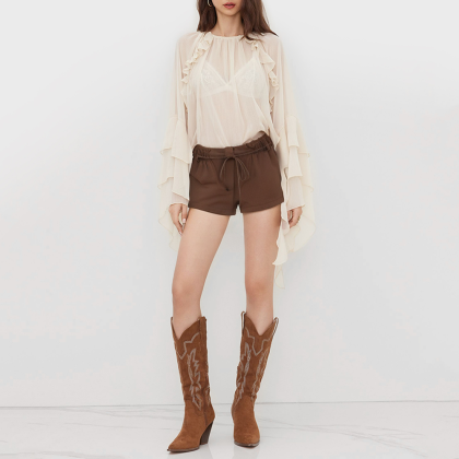 Vintage high waist beaded belt casual shorts
