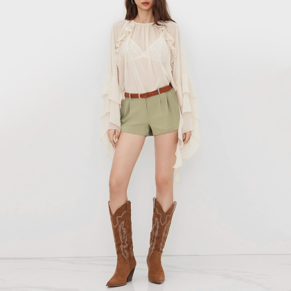 Retro high waist belt slim casual shorts