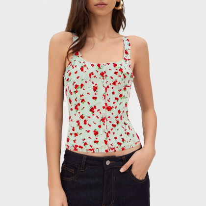 Fashionable floral print retro camisole