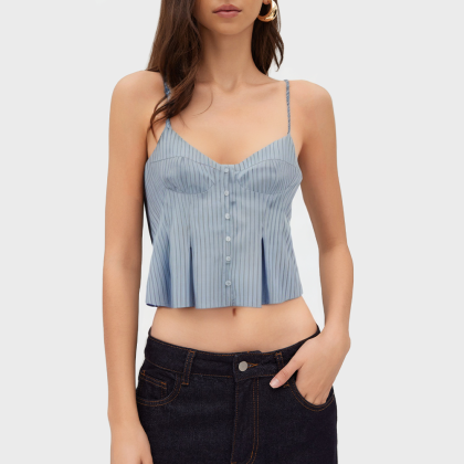 Small pleated poplin stripe V-neck vintage camisole