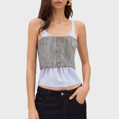 Poplin stripe paneled button-embellished camisole