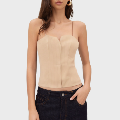 Pleated Striped Collarless Women's Vest