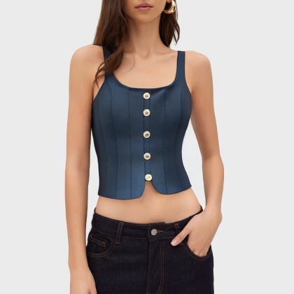 Button Twill Square Neck Vintage Slim Vest