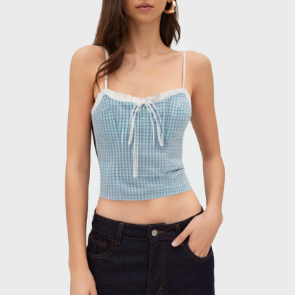 Ruffled pussy-bow checked slim-fit vest